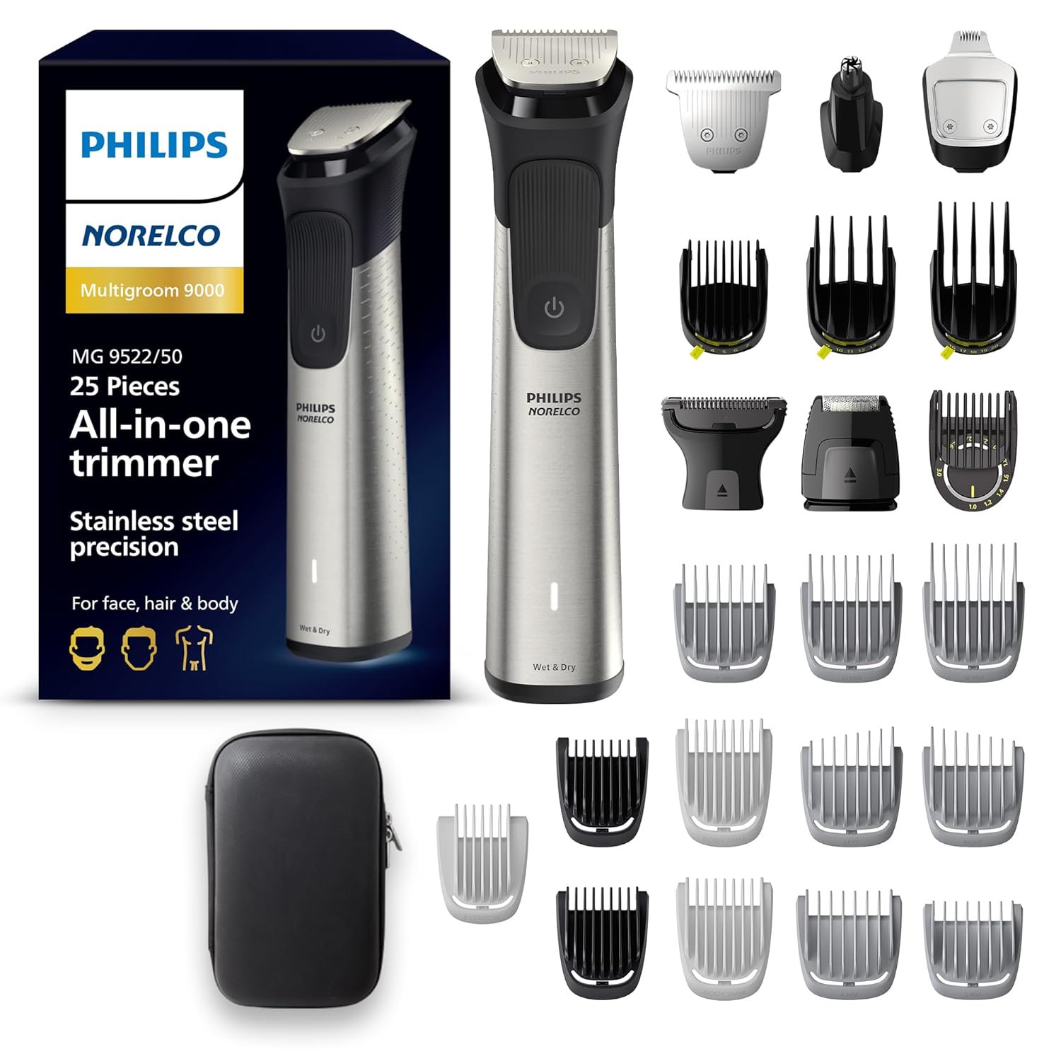 Philips Norelco Multigroom 9000 Series, All-In-One Trimmer, Beard Trimmer And Hair Clipper, 25-Piece/27-Length Men'S Grooming Kit For Beard, Face, Nose, Ear And Body, Travel Kit, Mg9522/50