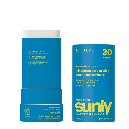 ATTITUDE Mineral Sunscreen Stick for Kids, SPF 30, EWG Verified, Plastic-Free, Broad Spectrum UVA/UVB Protection with Zinc Oxide, Dermatologically Tested, Vegan, Unscented, 2.1 Ounces