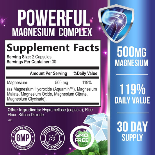 Magnesium Complex Supplement 500mg with Glycinate, Oxide, Malate, Citrate - High Absorption Chelated Magnesium Capsules for Muscle, Heart, Bone, Nerve Support, for Women and Men - 60 Capsules