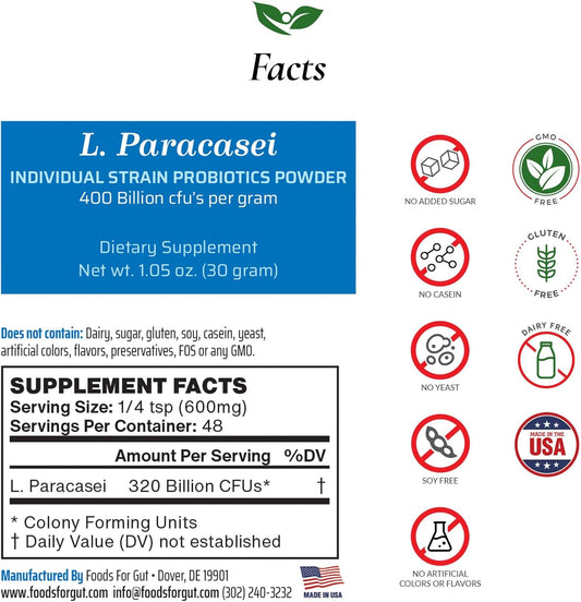 Lactobacillus Paracasei Probiotic Powder 400 Billion Cfu'S | Made In Usa | No Additives | Digestive & Immune Support | High Potency | L. Paracasei | 60 Grams (2.11 Oz)