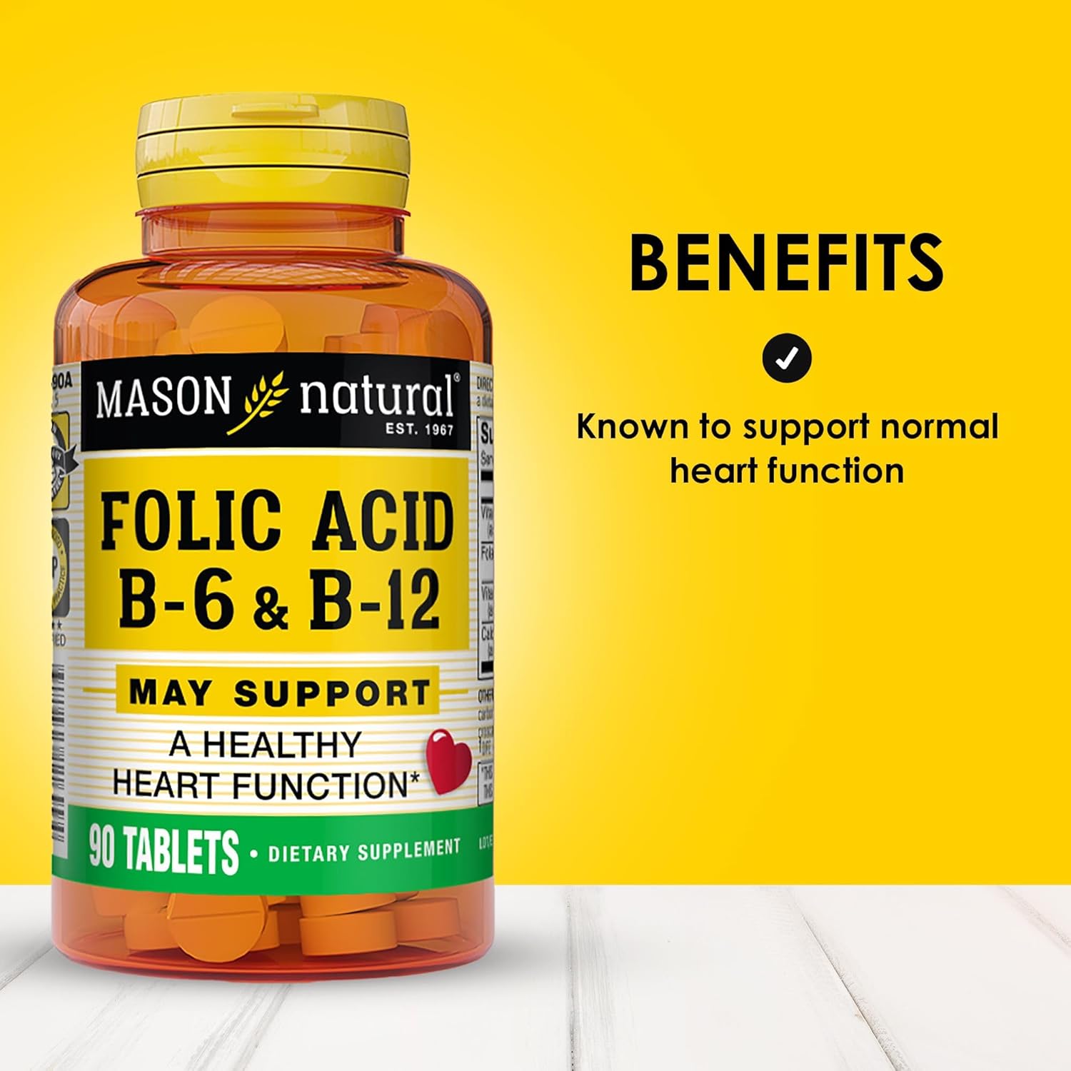Mason Natural Folic Acid With B,6 & B,12, 90 Day Supply, Supports Normal Heart Health And Metabolic Function