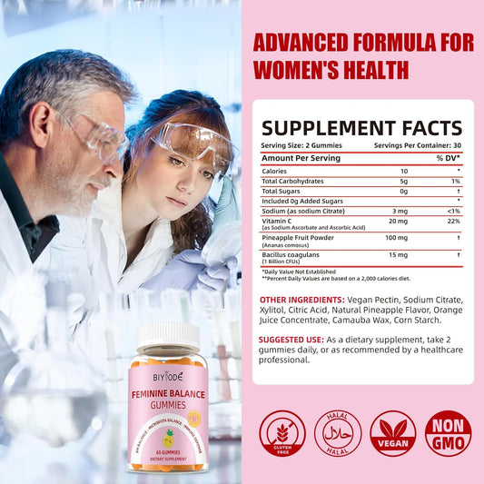 Premium Feminine Balance Gummies For Women: Ph Balance & Vaginal Health Support With Probiotic Pineapple Gummies Sugar Free Vegan Non-Gmo 60 Counts