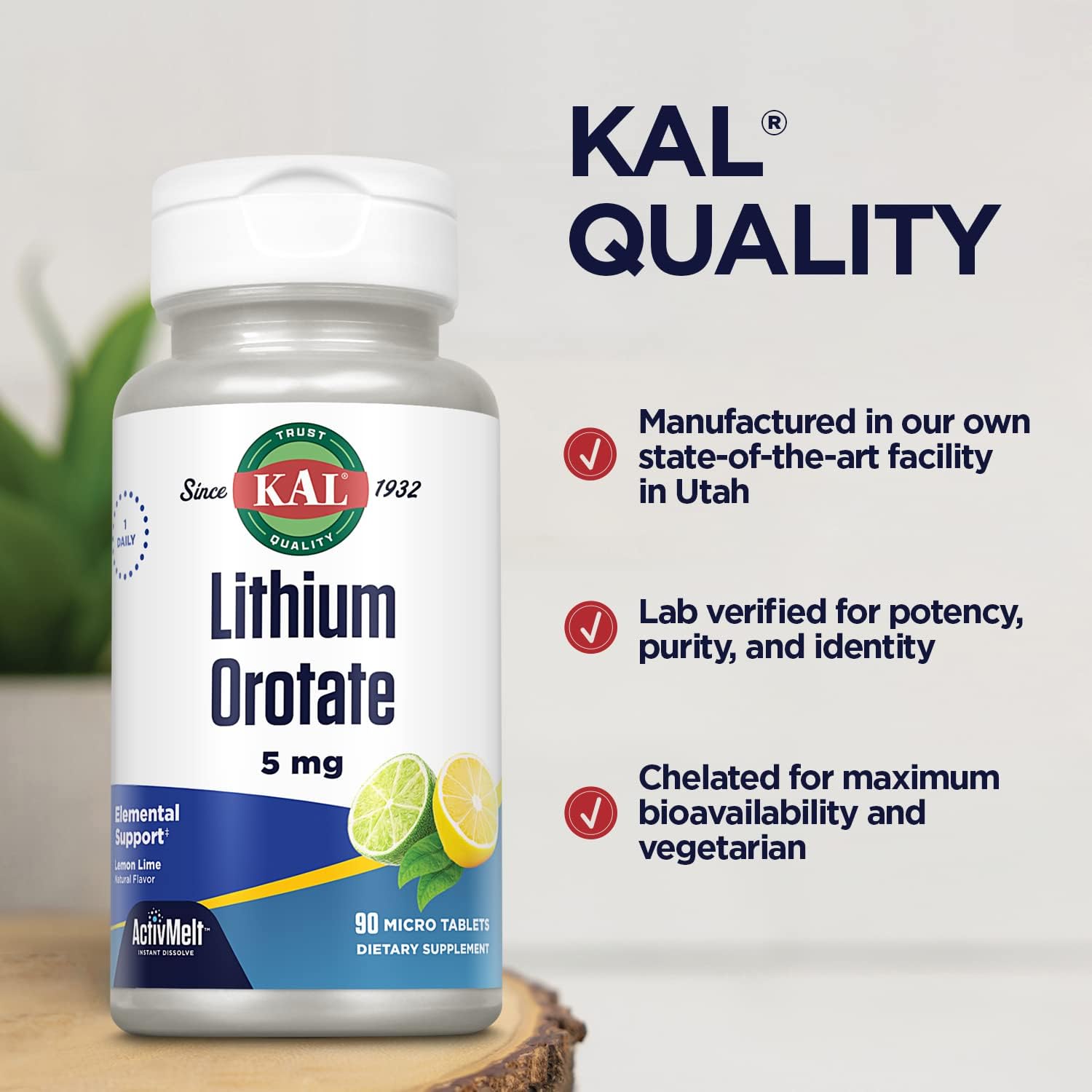 KAL Lithium Orotate ActivMelt 5mg, Chelated Lithium for Optimal Absorption and Bioavailability, Healthy Mood Support, Natural Lemon Lime Flavor, Instant Dissolve Tablets, 90 Servings, 90 Micro Tablets : Health & Household