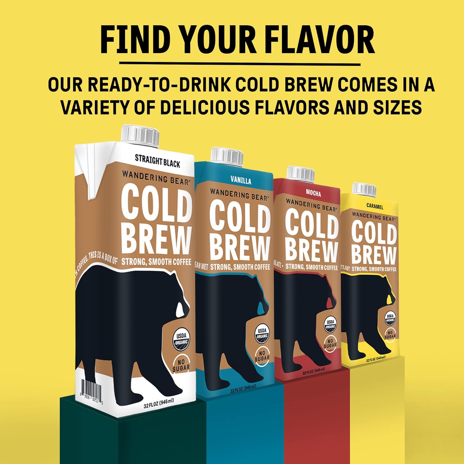 Wandering Bear Organic Caramel Cold Brew Coffee, 32 Fl Oz, 6 Pack - Extra Strong, Smooth, Organic, Unsweetened, Shelf-Stable, And Ready To Drink Iced Coffee, Cold Brewed Coffee, Cold Coffee