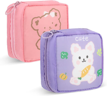 Cute Sanitary Napkin Storage Bag, 2Pcs Portable Period Holder Bag Cartoon Menstrual Pad Bag Kawaii Tampon Pad Holder Purse Pad Pouch with Zipper Suitable for Girls Women(Pink+Purple)