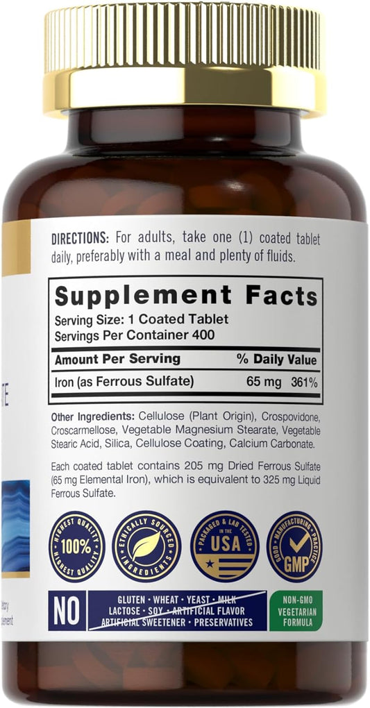 Carlyle Iron Ferrous Sulfate 65 Mg | 400 Tablets | Non-Gmo, Gluten Free, And Vegetarian Supplement | High Potency