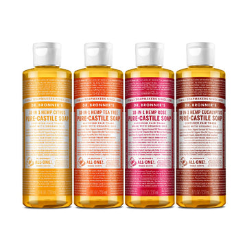 Dr. Bronner's - Pure-Castile Liquid Soap Variety Pack - Citrus, Tea Tree, Rose, & Eucalyptus, Made with Organic Oils, 18-in-1 Uses: Face, Body, Hair, Laundry, Pets & Dishes (8oz, 4-Pack)