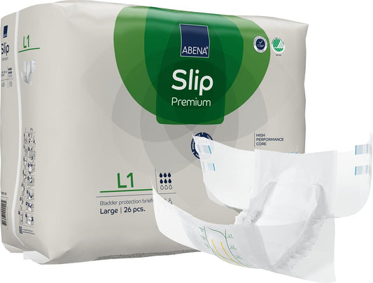 ABENA Slip Premium All-in-One Incontinence Pads for Men & Women, Eco-Labelled Womens, Mens, Large 1, 100-150cm Waist, 2500ml Absorbency, 26PK, White