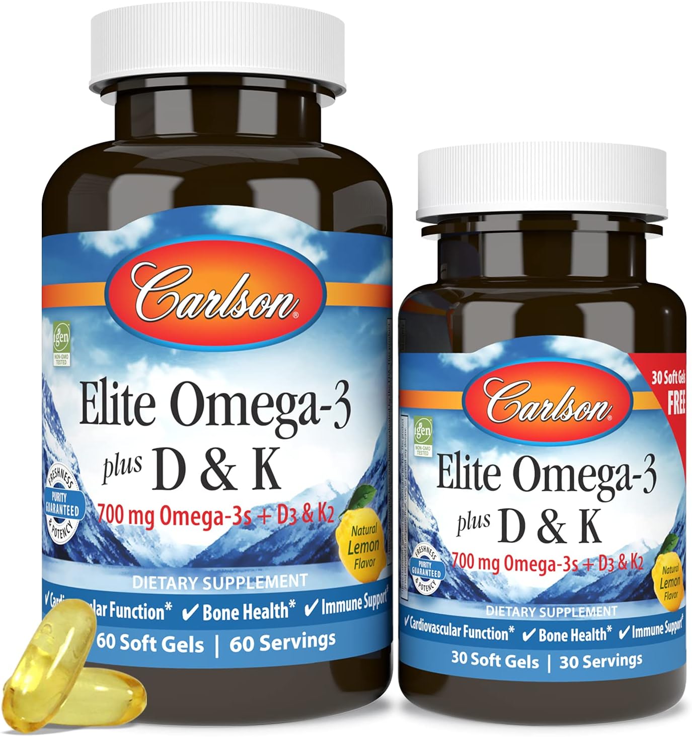 Carlson - Elite Omega-3 Plus D & K, 700 Mg Omega-3S + D3 & K2, Function, Bone Health & Immune Support, Lemon, 60+30 Softgel : Health & Household
