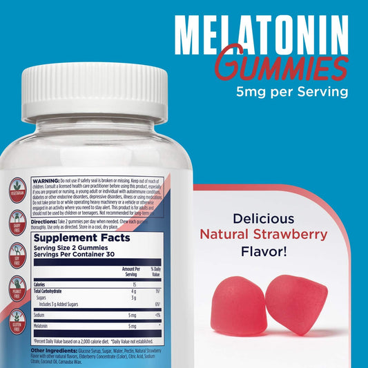 KAL Melatonin Gummies, Melatonin 5mg Sleep Aid, Healthy Relaxation, Sleep Duration, Quality, and Calmness Support Formula, Vegetarian, Gluten Free, Natural Strawberry Flavor, 30 Servings, 60 Gummies