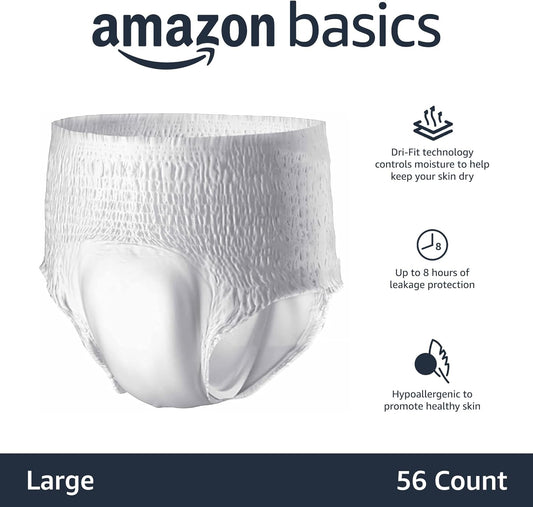 Amazon Basics Incontinence Underwear For Men And Women, Overnight Absorbency, Large, 56 Count, 4 Packs Of 14, White (Previously Solimo)