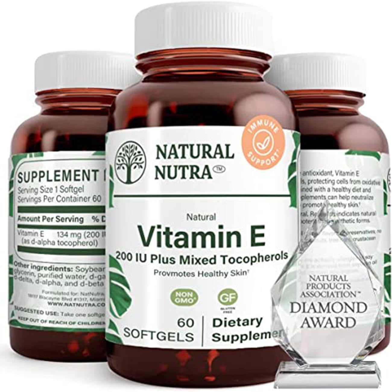 Natural Nutra Vitamin E 200 IU Supplement for Skin, Hair and Nails, Promote Heart Health, Helps to Prevent Skin Texture, Promoted Immune System, Gluten Free, 60 Softgels