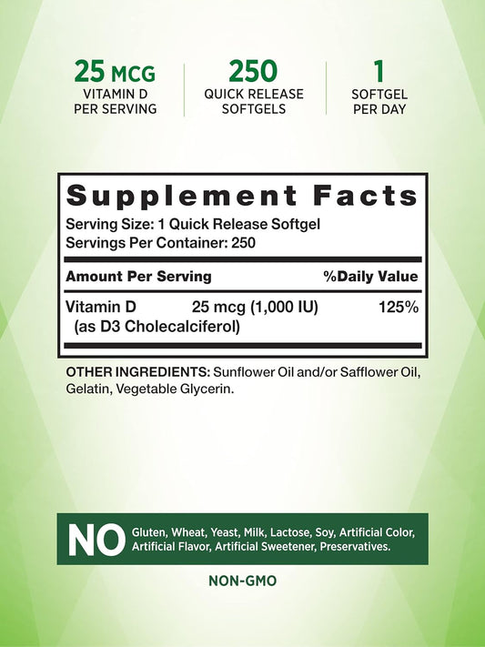 D3 1000 Iu | 250 Softgels | Essential Vitamin D | Non-Gmo & Gluten Free High Potency Supplement | By Nature'S Truth