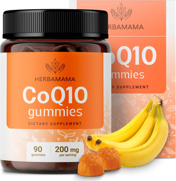 Herbamama Coq10 Gummies For Adults - 200 Mg Coq10 For Antioxidant Support - Vegan, Gelatin-Free, Non-Gmo - 60 Banana-Flavored Coenzyme Q10 Chews