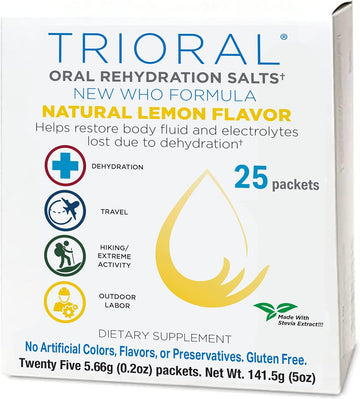 Trioral Natural Lemon W/Stevia Oral Rehydration Salts - Who Hydration Supplement Salts Formula - Combat Dehydration From Workouts, Fluid Loss And Much More (25 Packets/Box)