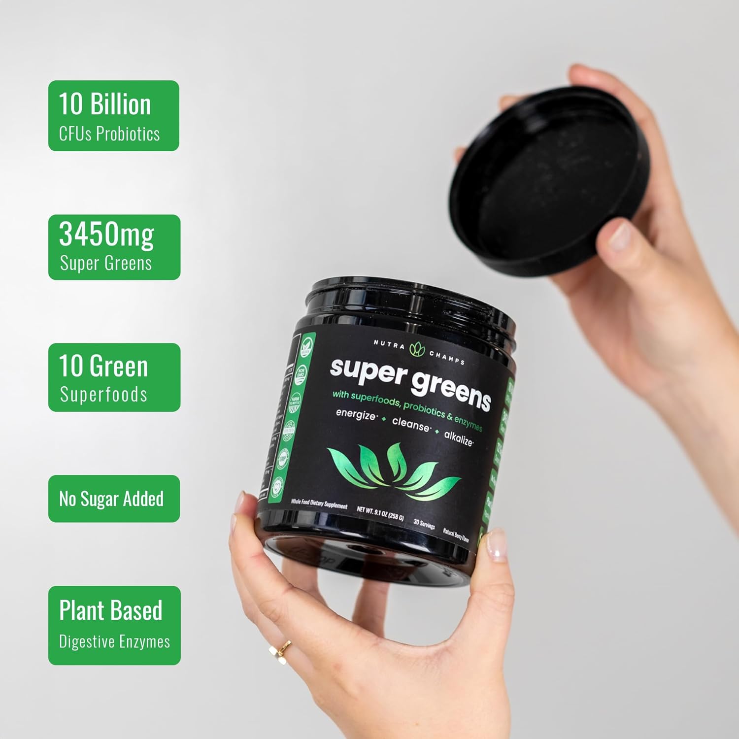 Nutrachamps Super Greens Powder Premium Superfood | 20+ Organic Green Veggie Whole Foods | Wheat Grass, Spirulina, Chlorella | Antioxidant, Digestive Enzyme & Probiotic Blends (9.0 Oz, Berry) : Health & Household
