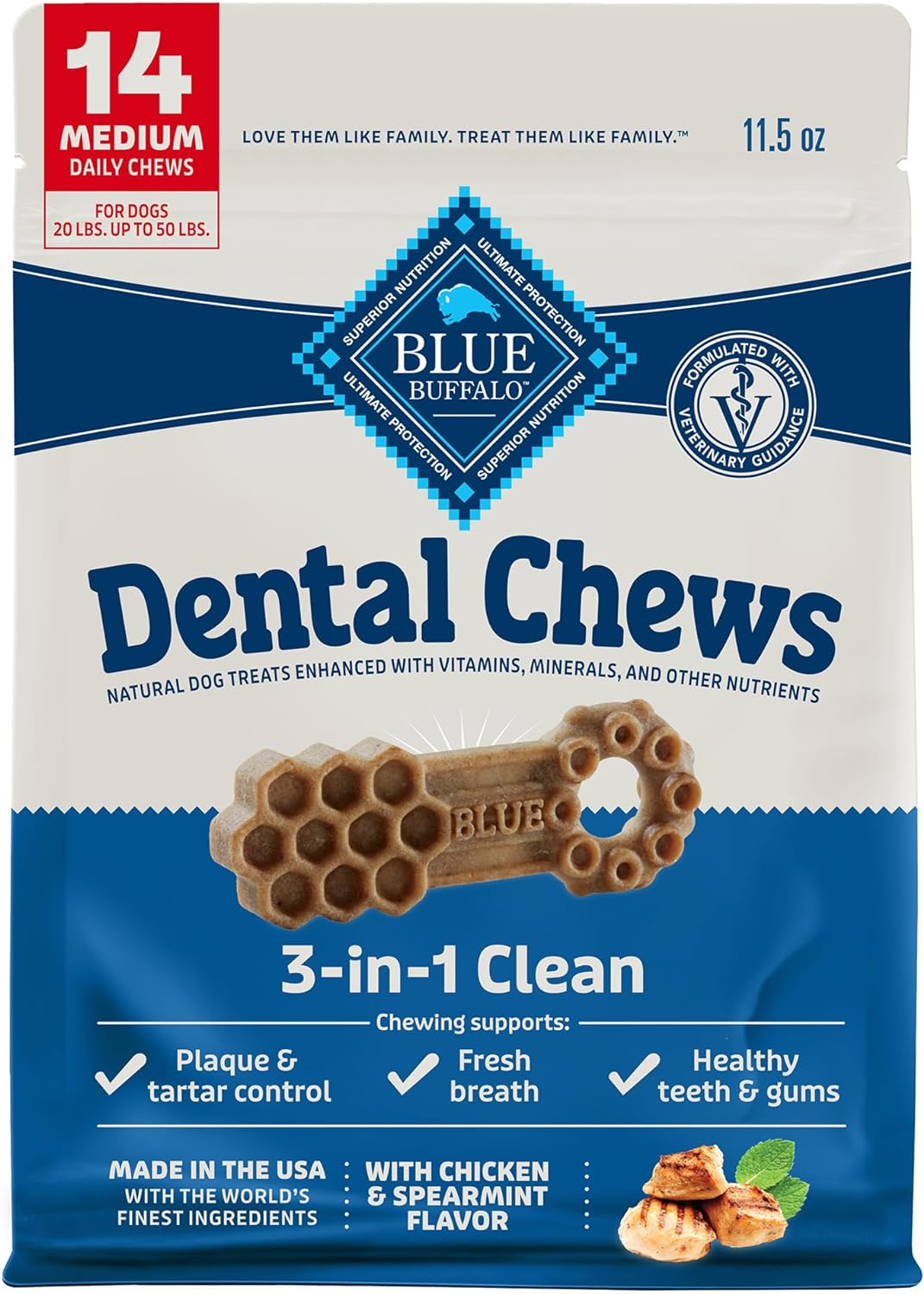 Blue Buffalo Medium Dental Chews For Dogs, Daily Dental Care Dog Treats Made In The Usa With Natural Ingredients, Chicken & Spearmint (14 Count)