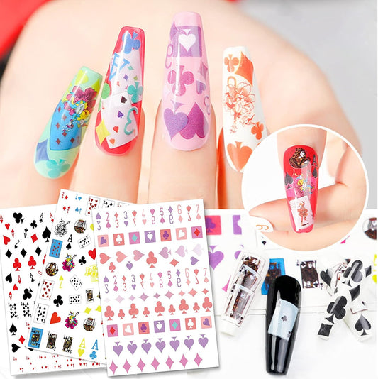 10 Sheets Self-Adhesive Poker Nail Art Stickers, Playing Card Pattern Nail Decals For Nail Art Diy Design, Geometric Numbers Letter Style Manicure Decorations Sticker For Women/Girls