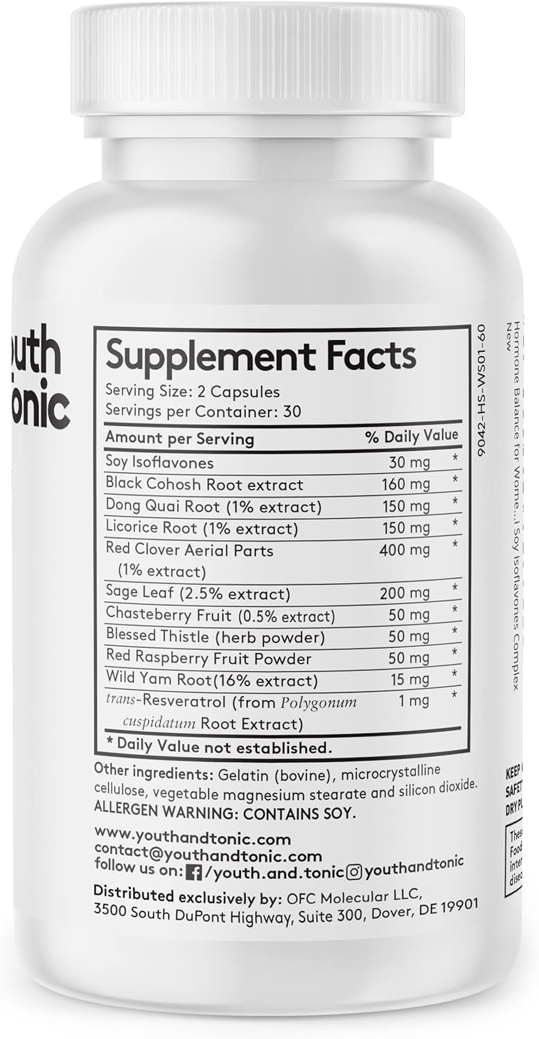 Youth & Tonic Menopause & PMS Support for Women Through Balanced Estrogen Metabolism – 90 Pills with DIM Black Cohosh Red Clover Dong Quai Soy Isoflavones : Health & Household