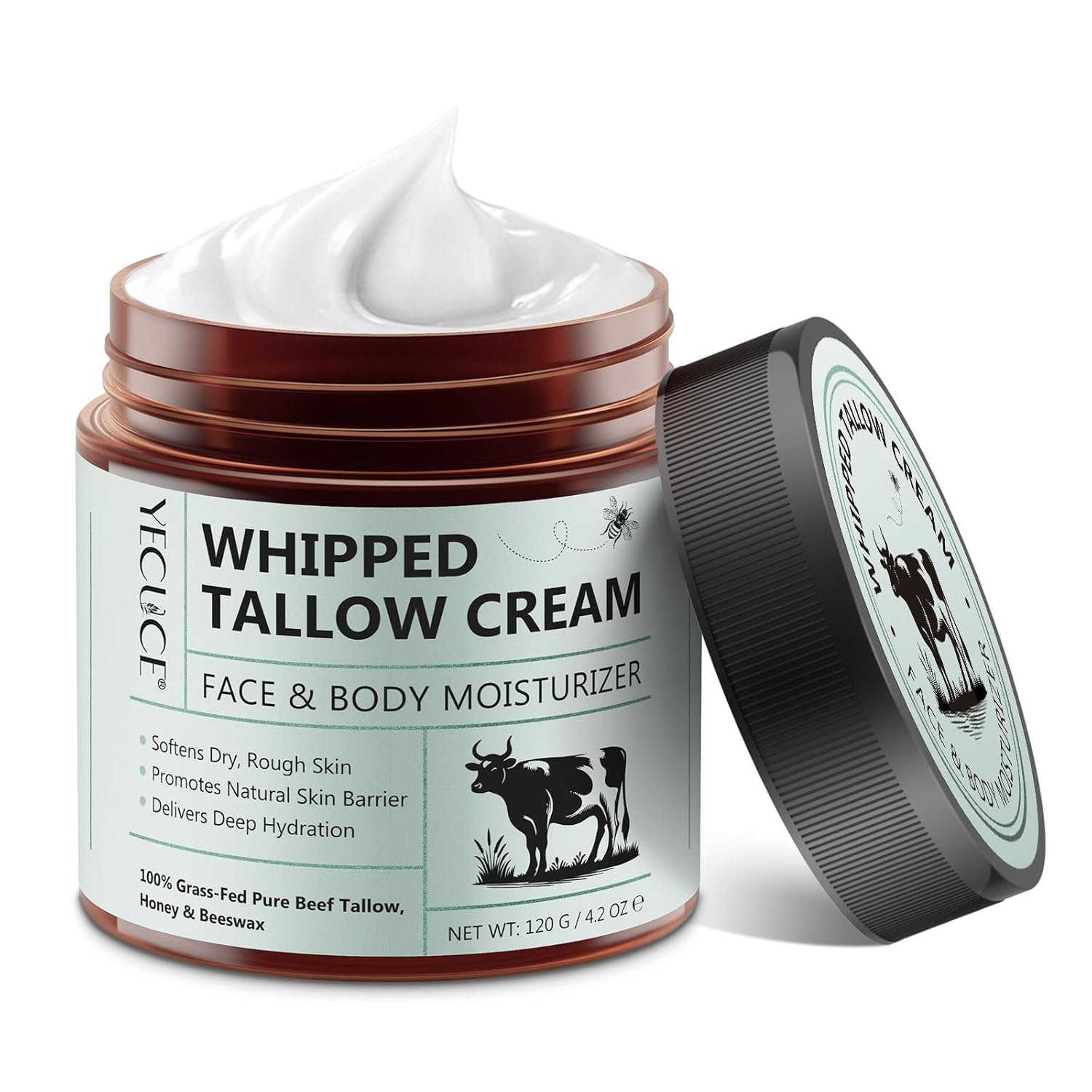 Beef Tallow For Skin - 4.2Oz - Organic Grass Fed Beef Tallow And Honey Balm - Whipped Tallow Balm Deeply Moisturizing For Face & Body - Natural Skin Care