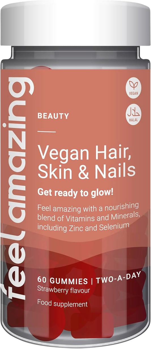 Feel Amazing Vegan Hair, Skin & Nails Complex Gummies - Beauty Support - with Zinc, Biotin, Vitamin C & D - Blueberry Flavour, Vegan, Halal, 60 Gummies, 30-Day Supply (1) : Amazon.co.uk: Health & Personal Care
