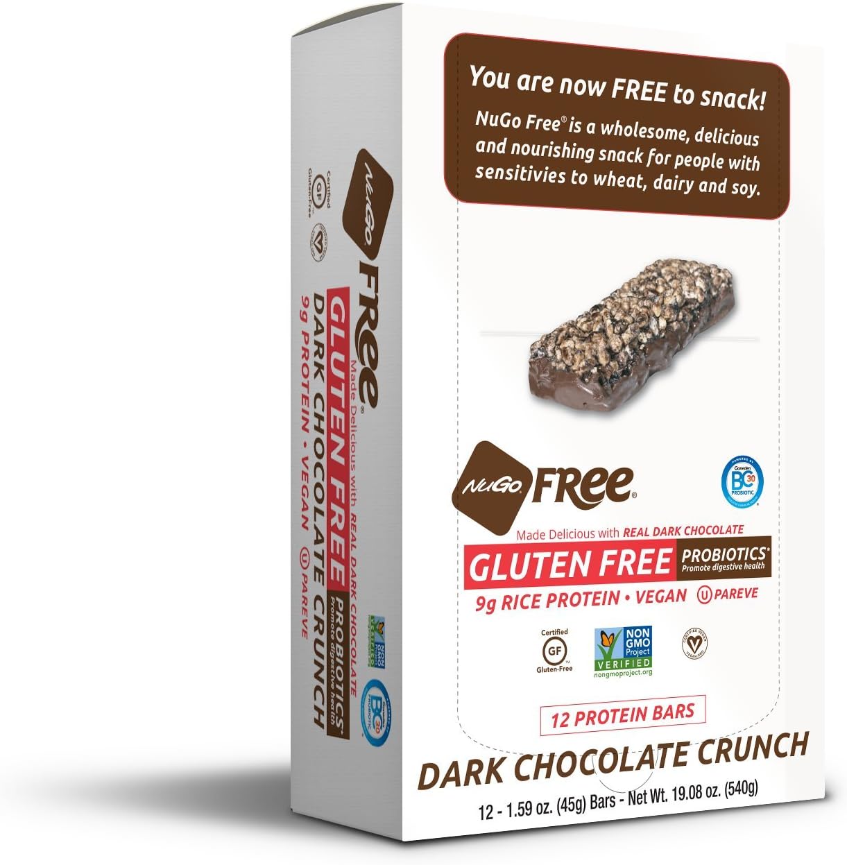 Nugo Free Dark Vegan 9G Rice Protein Bar, Probiotics, Gluten Free, Soy Free, Dark Chocolate Crunch, 1.59-Ounce Bars (Pack Of 12)