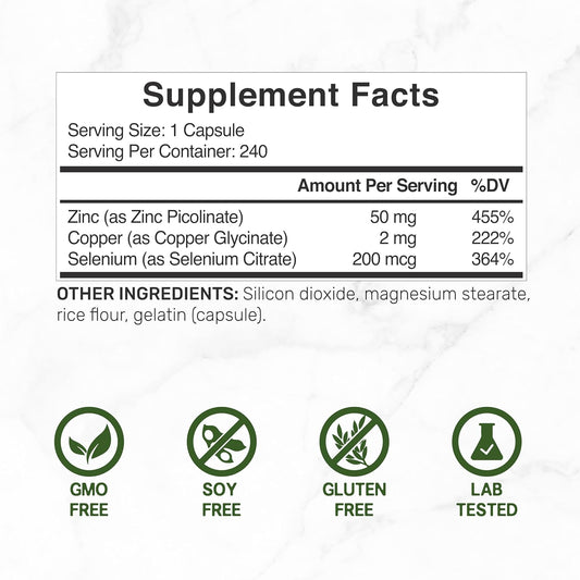 Zinc 50Mg With Selenium 200Mcg + Copper, 240 Capsules, 8 Month Supply, 3 In 1 Mineral Formula