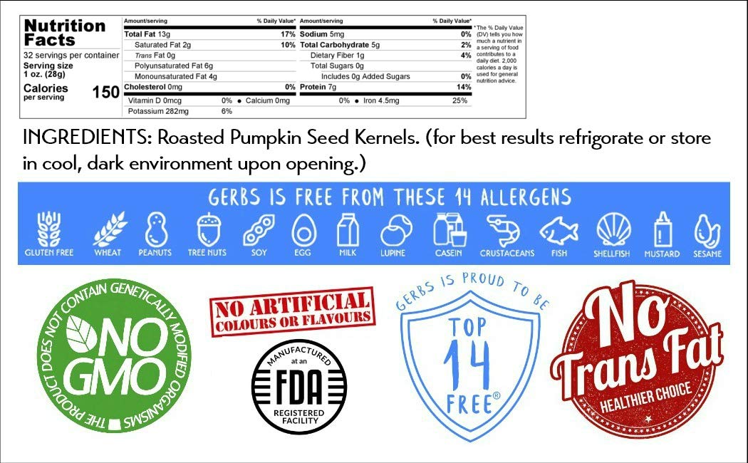 GERBS Unsalted Pumpkin Seed Kernels 2 LBS|Top 14 Allergy Free Food |Use in salads, yogurt, bake, oatmeal, trail mix|Grown in Canada, packed in US : Snack Pumpkin Seeds : Grocery & Gourmet Food