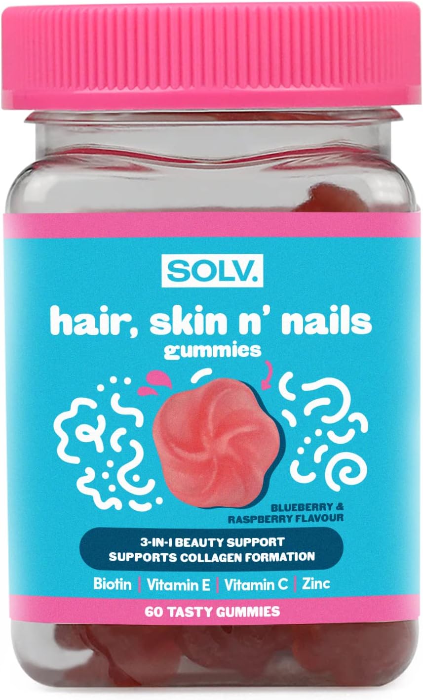 Solv Hair, Skin N’ Nails Vegan Gummies 5000Mcg Biotin With Vitamin A, D, E, C, B6, Zinc And Minerals | Healthy Hair, Skin Support, Strengthen Nail 60 Vegan Gummies (Blueberry And Raspberry Flavour)