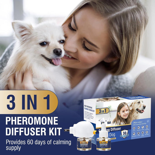 Dog Pheromones Calming Diffuser 3 In 1 Pheromone Appeasing Pet Diffuser To Calm Kit (Plug In+ 2 Pack 48Ml Refill) For Anxiety Relief Reduce Aggression Fighting Barking Stress 60 Day Supply(Tasteless)