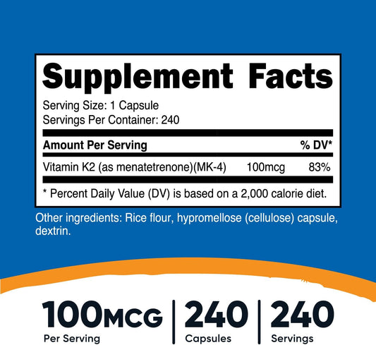 Nutricost Vitamin K2 (Mk4) 240 Capsules (100Mcg) - Gluten Free And Non-Gmo