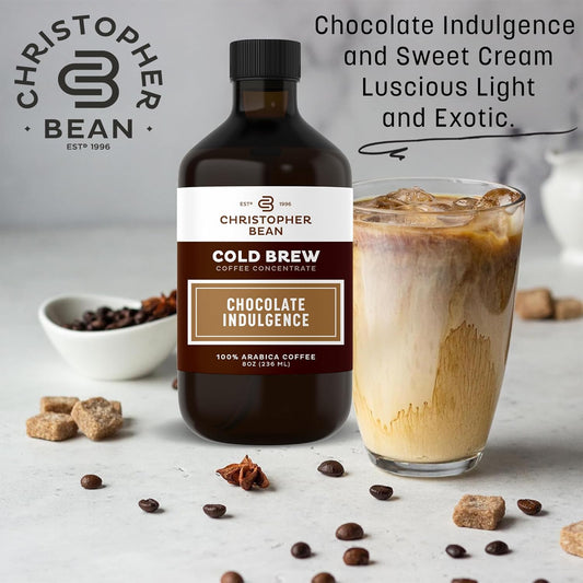 Christopher Bean Hand Crafted Chocolate Indulgence Flavored Coffee - Unsweetened Cold Brew & Iced Instant Coffee Distillate Liquid Java - Indulgence Coffee Beans Extract 100% Arabica, (8-Ounce), 236 Ml