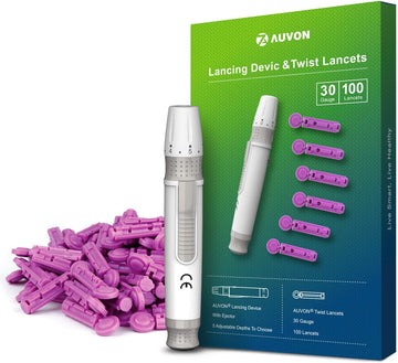 Auvon Lancing Device With Less Pain Design, Blood Sample Pen And Twist Top 100Pcs 30 Gauge Lancets For Blood Sugar Level Monitoring