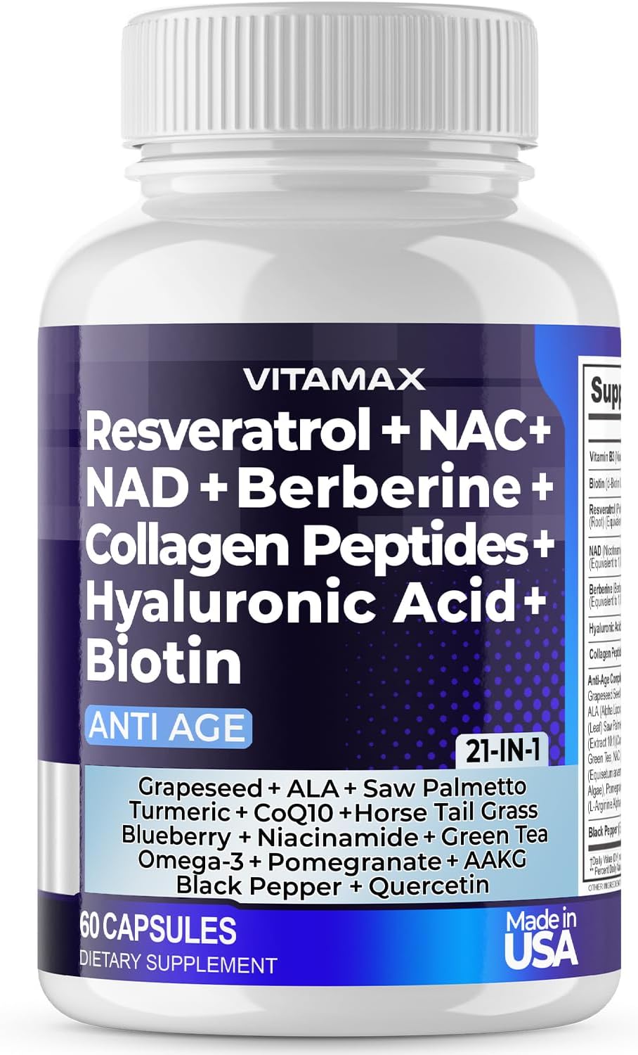 Resveratrol Nad+ Berberine Hyaluronic Acid - Biotin Grape & Blueberry + Nac - Collagen Peptides - Hair, Nail, Skin & Joint Supplement - 21-In-1 Women And Men - Made In Usa (60 Count (Pack Of 1)
