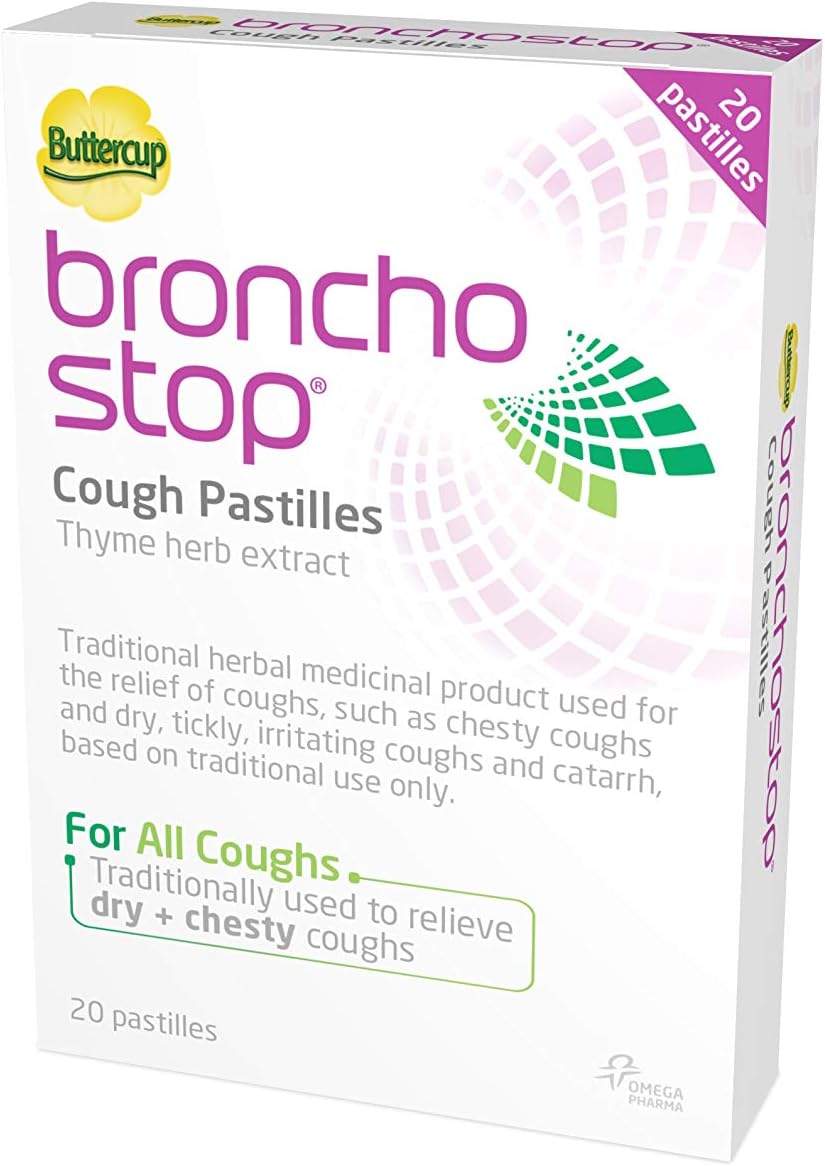 Bronchostop Cough Pastilles (20 Pastilles) - Relief For All Cough Types Including Chesty & Dry Coughs - Non Drowsy Anti Mucus Formula With Traditional Thyme Herb Extract