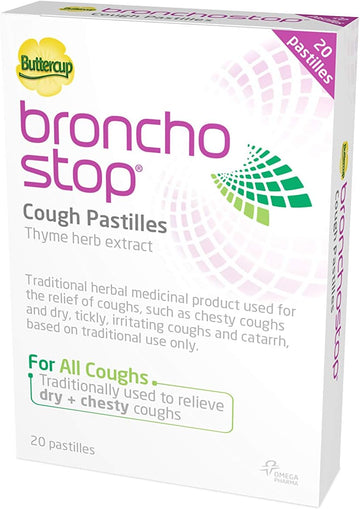 Bronchostop Cough Pastilles (20 Pastilles) - Relief For All Cough Types Including Chesty & Dry Coughs - Non Drowsy Anti Mucus Formula With Traditional Thyme Herb Extract