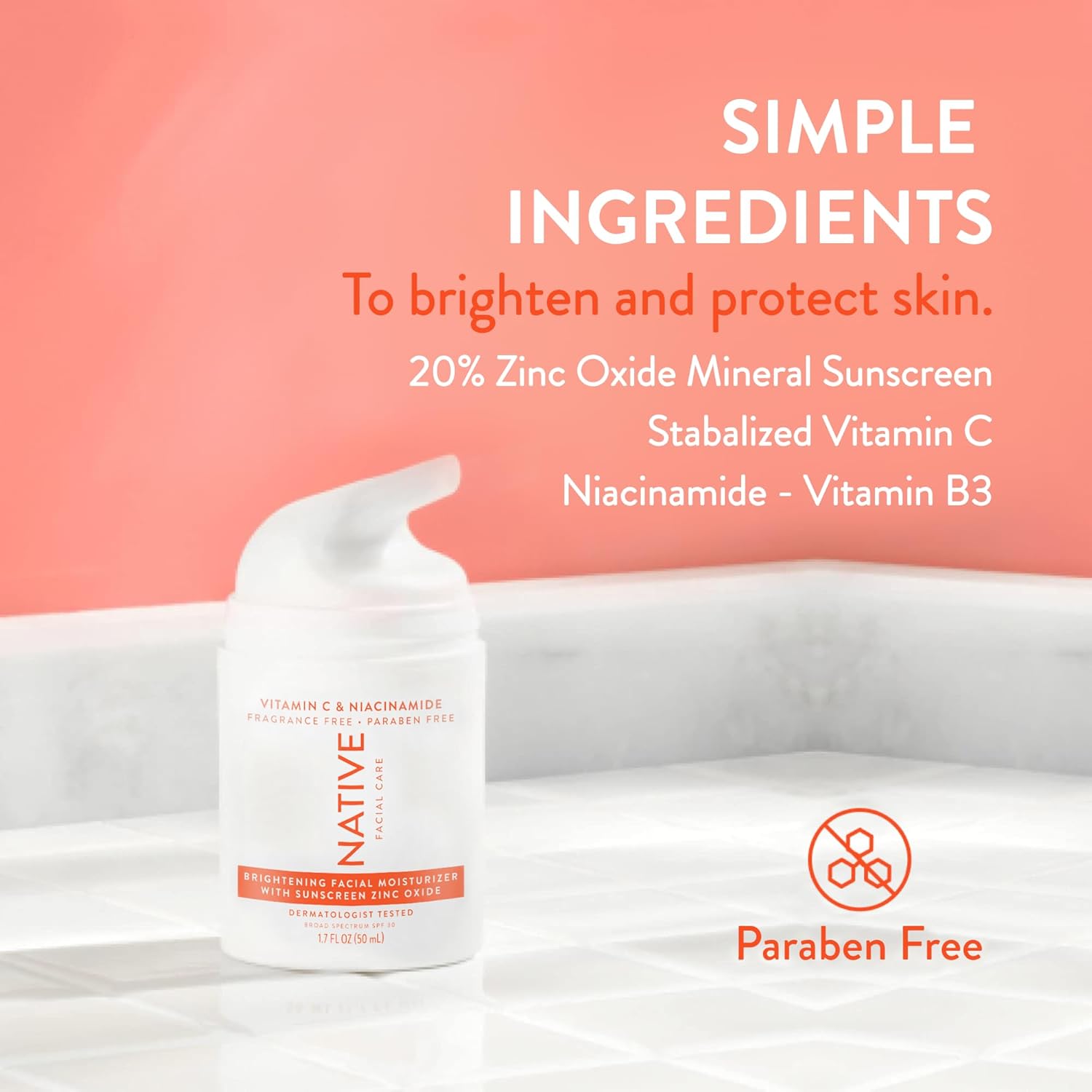 Native Brightening Daily Facial Moisturizer Gentle Face Lotion Hydrating Cream For Women And Men With Vitamin C B3 & Spf 30 Lightweight Non Greasy Formula - 1.7 Fl Oz : Beauty & Personal Care