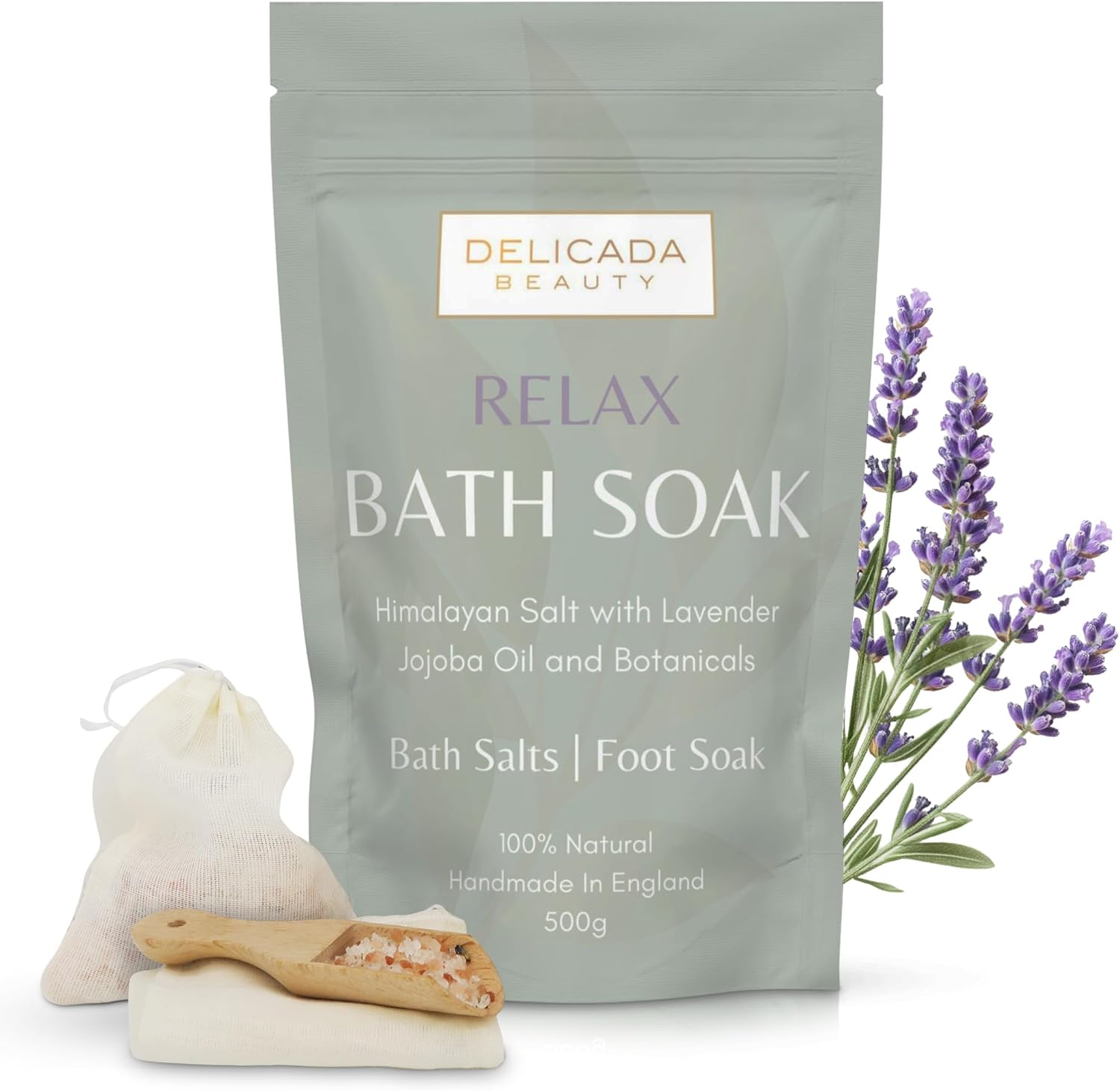 Bath Salts | Foot Soak | Himalayan Salts With Lavender And Jojoba Essential Oils | Treat Aches | Muscle Recovery | Tired Feet | Nail Care | Cotton Bag & Wooden Scoop | (500G) (Relax)
