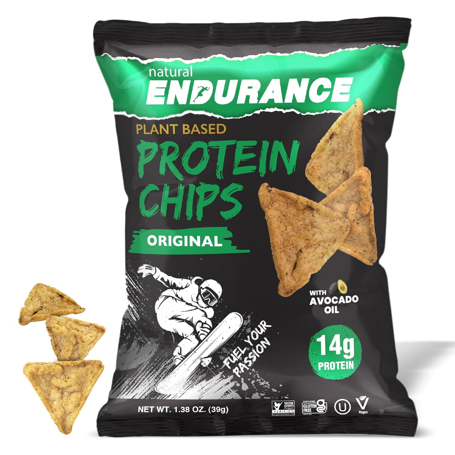 Natural Endurance Protein Chips - Low Carb Chips, High Protein Snack, Vegan Protein With Avocado Oil, 14G Protein Per Bag, Gluten Free, Original Flavor - 1.38 Oz Bags (Pack Of 12)