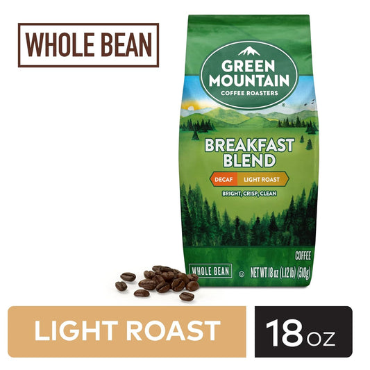 Green Mountain Coffee Roasters Breakfast Blend Decaf, Whole Bean Coffee, Bagged 18 oz