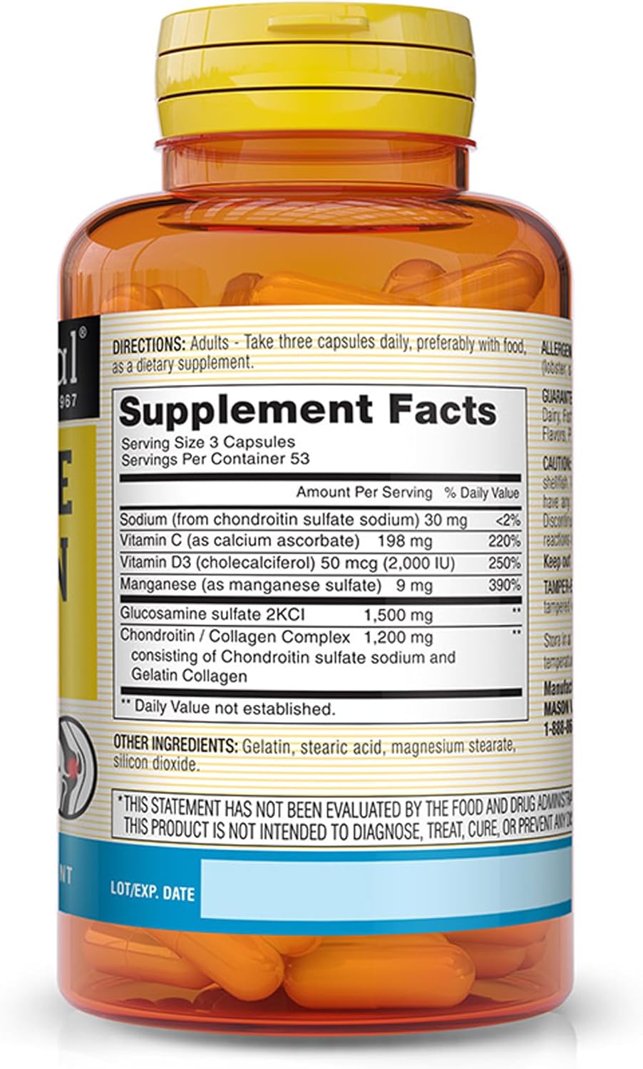 Mason Natural Glucosamine Chondroitin Plus Vitamin D3 - Supports Joint And Bone Health, Improved Mobility And Flexibility, 160 Capsules