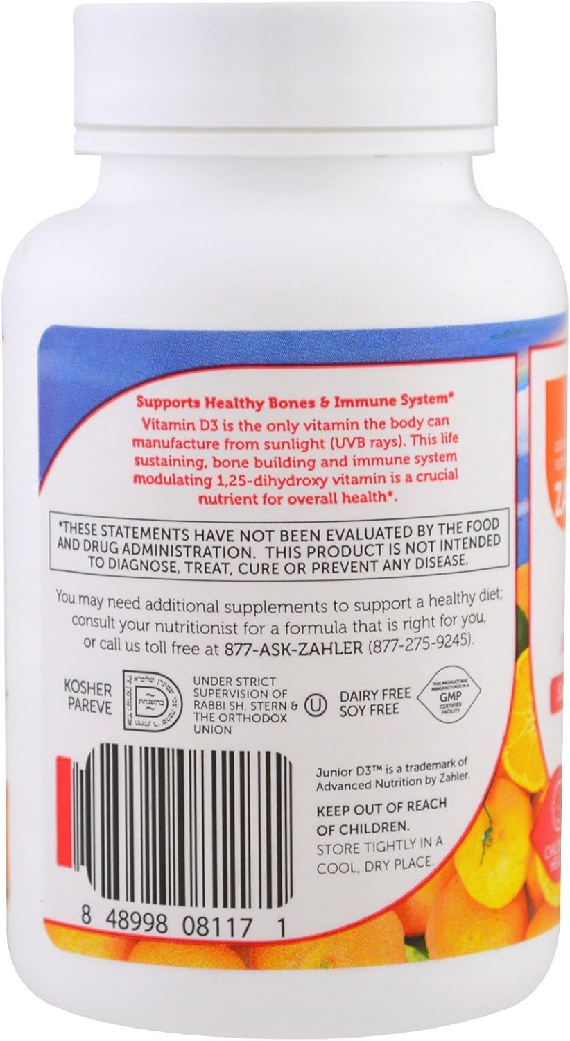 Zahler Junior D3 Vitamins 1000 IU - Chewable Vitamin D3 for Kids - Vitamin D for Kids to Support Bone, Teeth & Immune Health - Kosher Kids Vitamin D3 Orange Flavor - D3 Vitamins for Kids 120 Count. : Health & Household