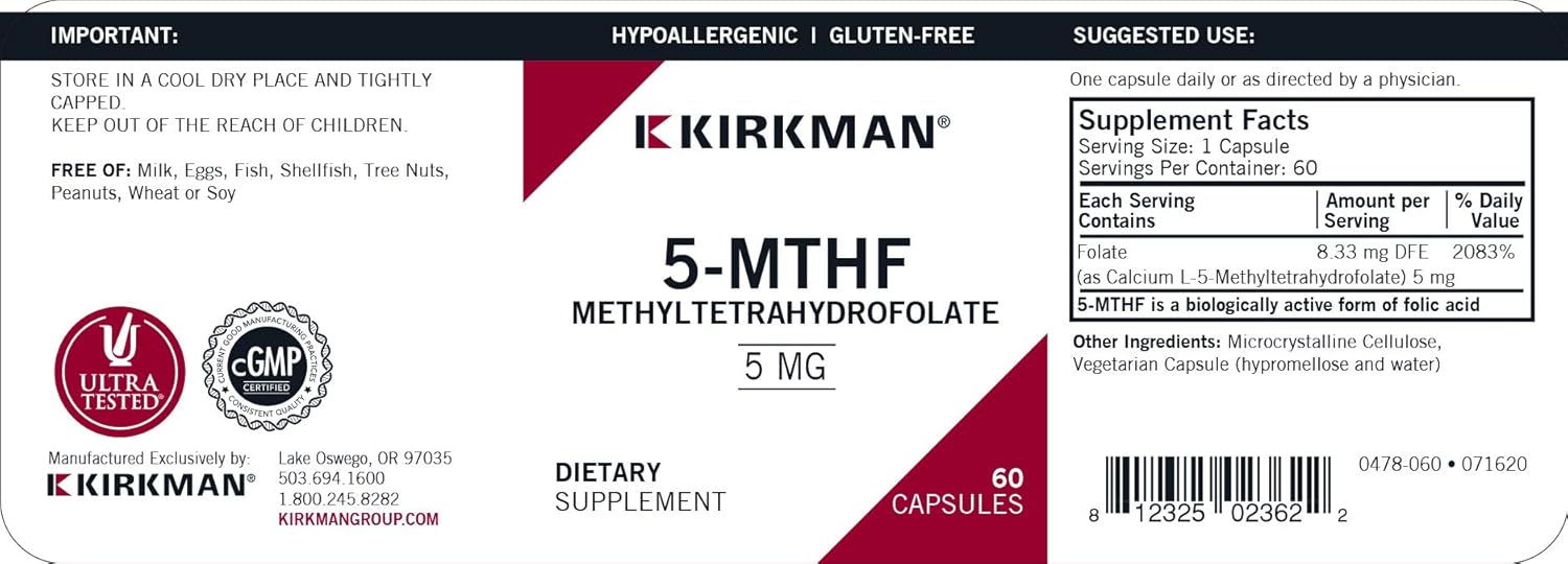 Kirkman 5-MTHF ([6S]-5-Methyltetrahydrofolate) 5 mg - Hypoallergenic | 60 Vegetarian Capsules : Health & Household