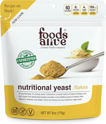 Foods Alive Non-Fortified Premium Nutritional Yeast Flakes, 6 Ounce Unfortified Vegan Cheese Powder Seasoning