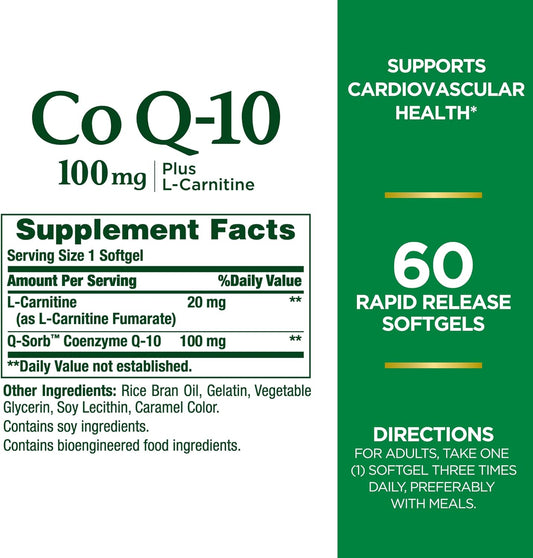 Nature'S Bounty Coq10, Dietary Supplement, Supports Heart Health, 100Mg Plus L-Carnitine, 60 Softgels