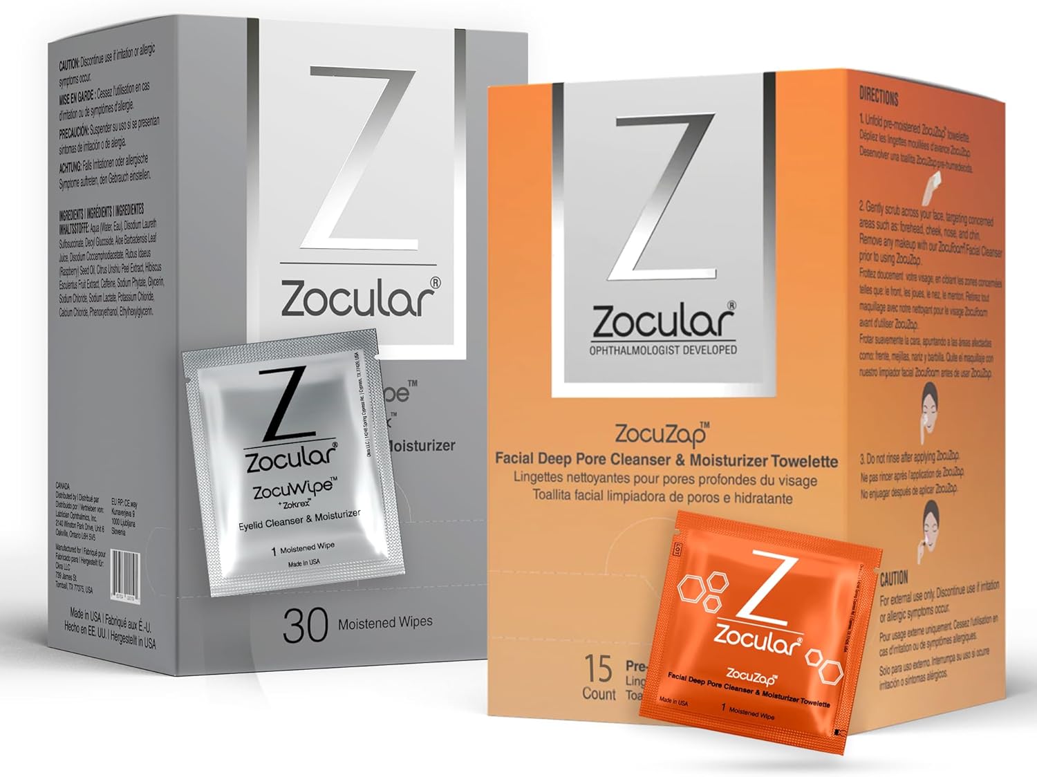 Zocular Zocuwipe Eyelid Wipes Eyelid Cleanser And Moisturizer Pads 30Ct + Zocular Zocuzap Facial Wipes, 15 Count Bundle