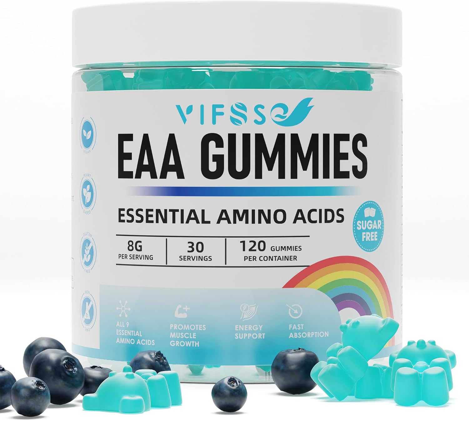 Eaa Gummies 120 Gummies (Blue Raspberry), 8000 Mg Essential Amino Acids - All 9 Essential Aminos (Eaa) And All Branched-Chain Aminos (Bcaas), Non-Gmo, Gluten Free, Vegetarian Friendly