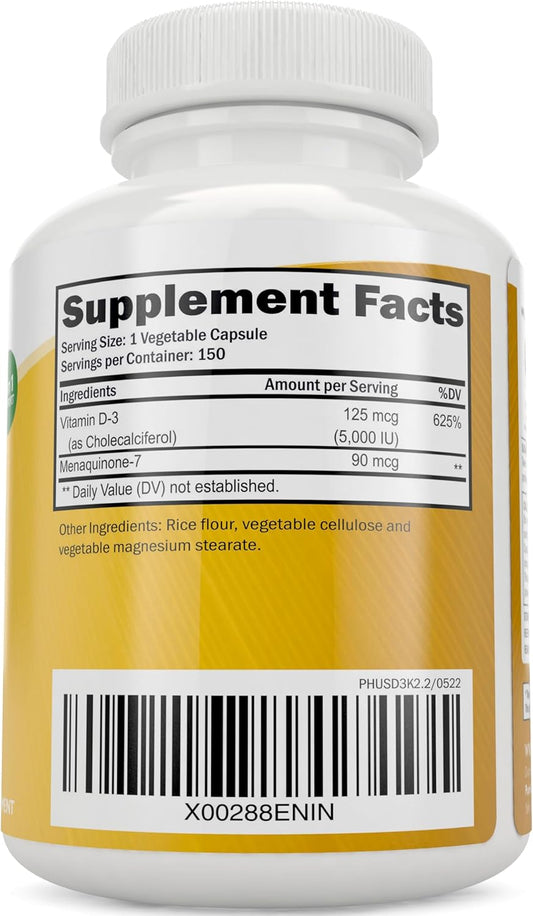 Purely Holistic Vitamin D3 125Mcg And Vitamin K2 90Mcg Mk7-4 Month Supply 150 Vegetarian Capsules - Vitamin D3 & K2 Menaqunione - High Strength Cholecalciferol Made In The Usa