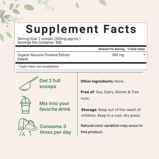 Micro Ingredients Organic Mucuna Pruriens Extract Powder,1 Pound (908 Servings), Pure Mucuna Supplement, Promote Mood, Brain Health And Boosts Immune System, Energy, Vegan Friendly