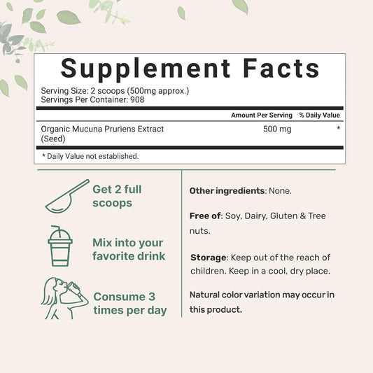 Micro Ingredients Organic Mucuna Pruriens Extract Powder,1 Pound (908 Servings), Pure Mucuna Supplement, Promote Mood, Brain Health and Boosts Immune System, Energy, Vegan Friendly